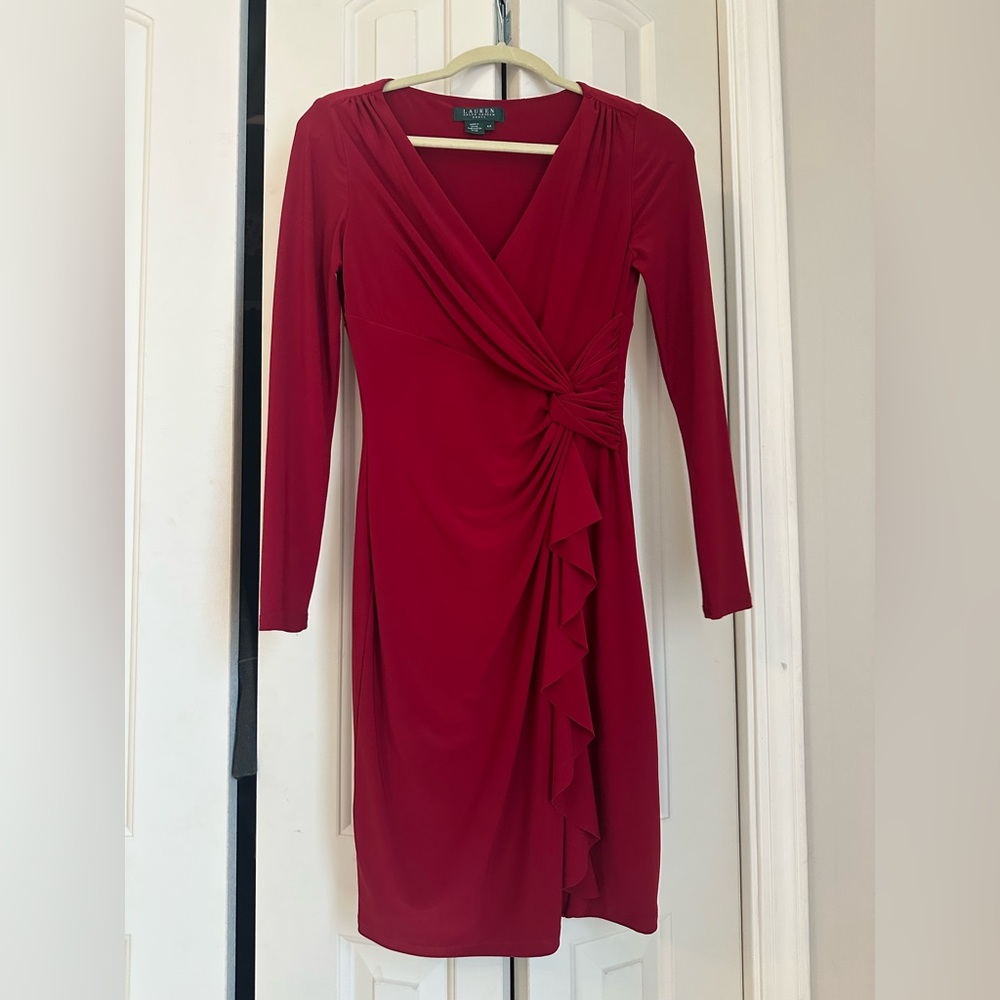 Lauren Ralph Lauren Red Ruched Wrap Cocktail Dress - Picture 3 of 7